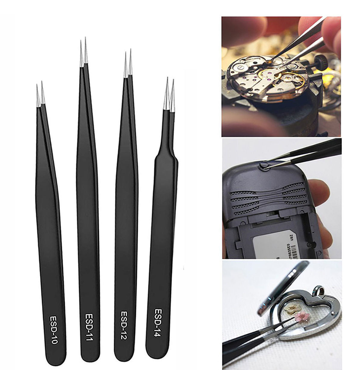 Stainless Steel Black Tweezers Anti-static ESD1mm Elbow Pointed 6-piece Set