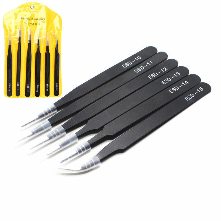 Stainless Steel Black Tweezers Anti-static ESD1mm Elbow Pointed 6-piece Set