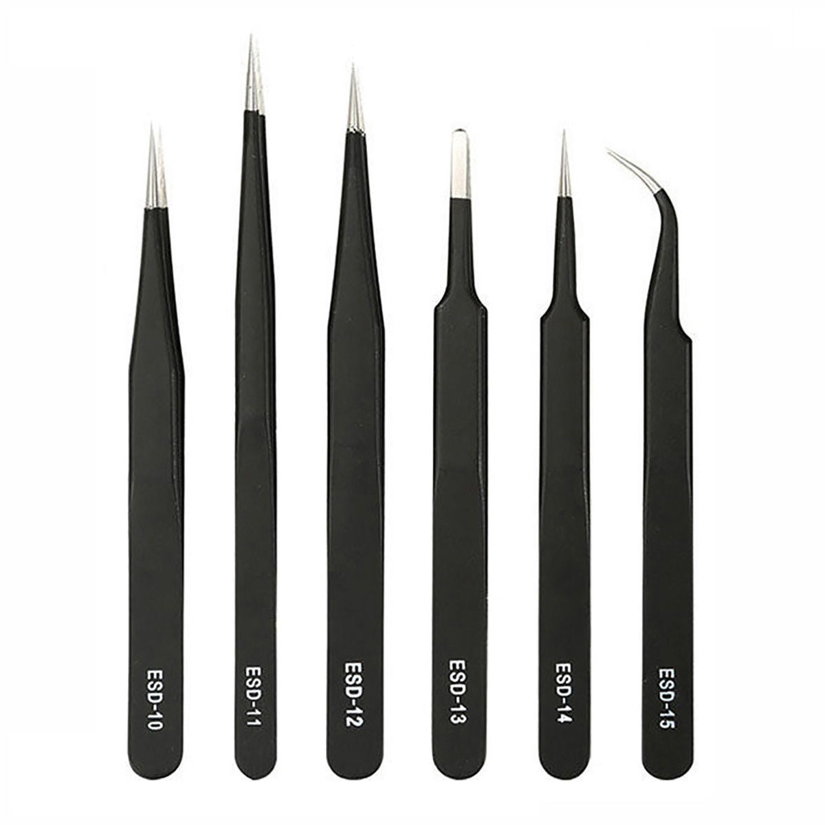 Stainless Steel Black Tweezers Anti-static ESD1mm Elbow Pointed 6-piece Set