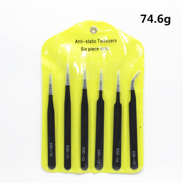 Stainless Steel Black Tweezers Anti-static ESD1mm Elbow Pointed 6-piece Set