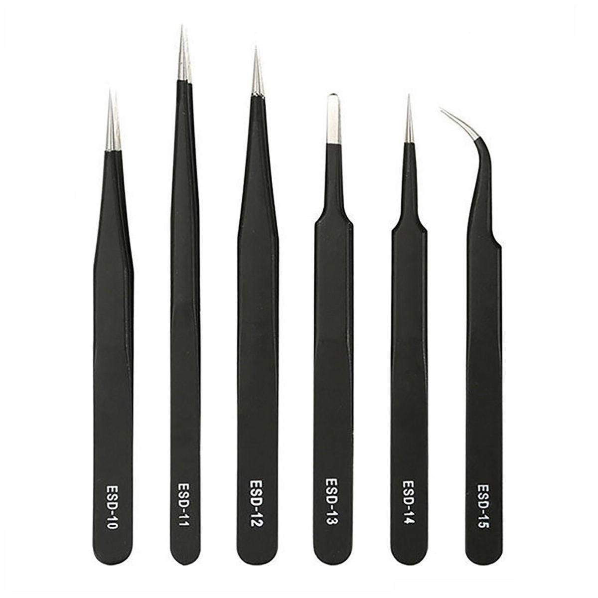 Stainless Steel Black Tweezers Anti-static ESD1mm Elbow Pointed 6-piece Set
