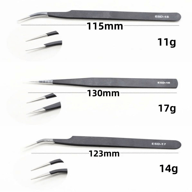 Stainless Steel Black Tweezers Anti-static ESD1mm Elbow Pointed 6-piece Set