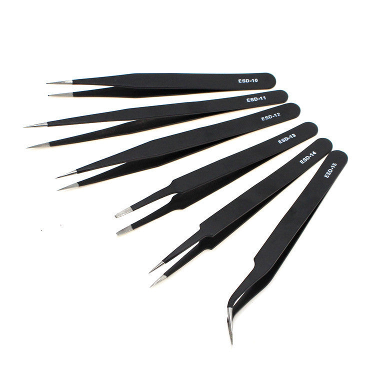 Stainless Steel Black Tweezers Anti-static ESD1mm Elbow Pointed 6-piece Set