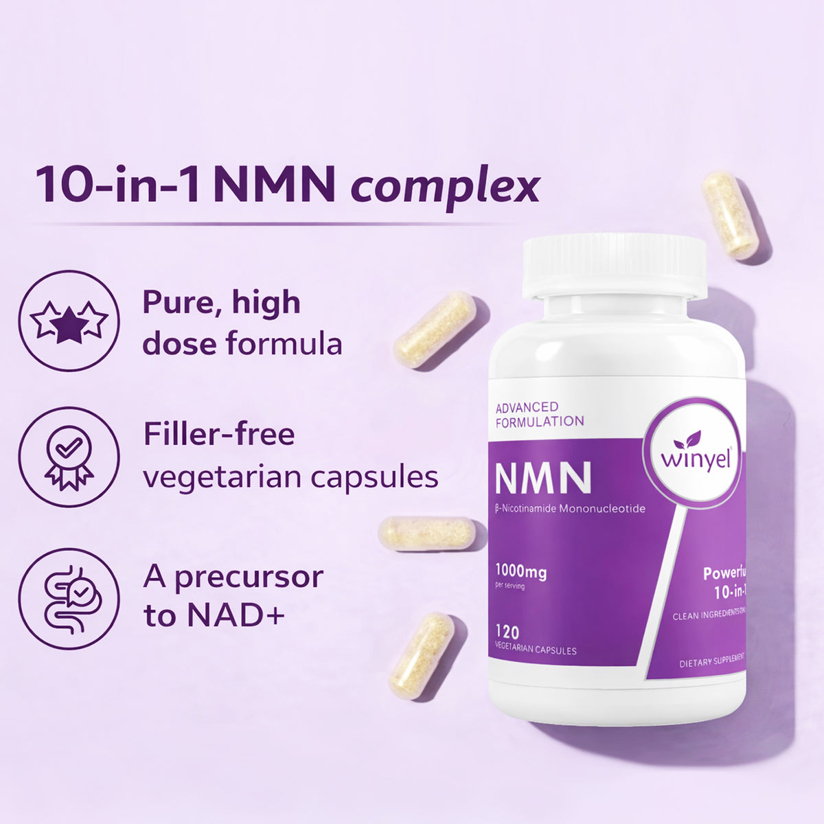 WINYEL Cellular Energy Complex Per Serving, 10-in-1 Formula, Zero Filler, With Vitamin C, Resveratrol, CoQ10, TMG, Quercetin &amp; Glutathione Capsules