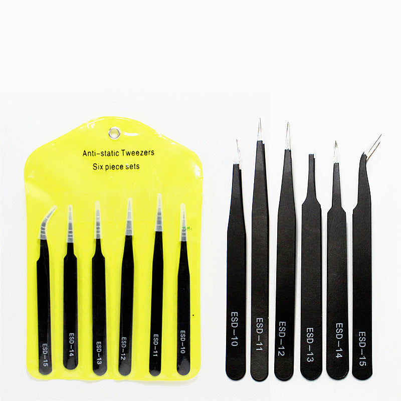 Stainless Steel Black Tweezers Anti-static ESD1mm Elbow Pointed 6-piece Set