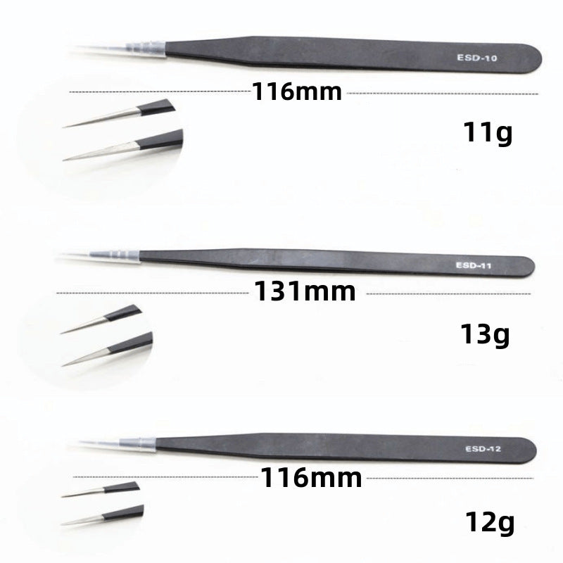 Stainless Steel Black Tweezers Anti-static ESD1mm Elbow Pointed 6-piece Set